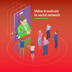 Wall Mural - video streaming on smartphone. flat 3d isometric design concept. people watch a video broadcast on t