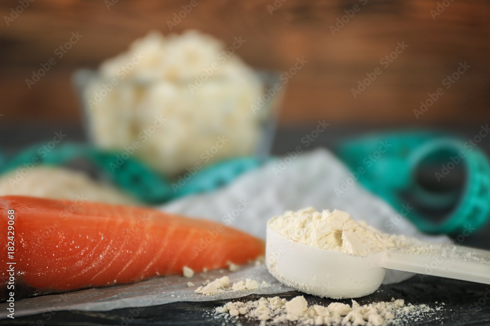 High protein food and powder on table