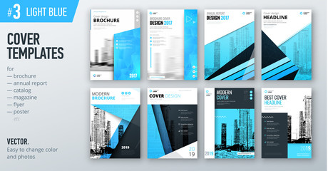 Wall Mural - Set of business cover design template in light blue color for brochure, report, catalog, magazine or booklet. Creative vector background concept