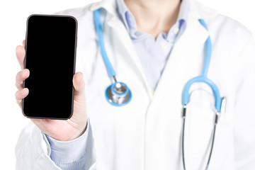 female doctor wearing uniform and stethoscope showing a cell phone