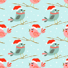 Christmas Seamless Pattern With Cute Birds