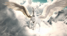 Flight Of The Pegasus. Majestic Pegasus Horse Flying High Above The Clouds And Snow Peaked Mountains. 3d Rendering