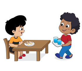 Wall Mural - Kid eating and talking with friends.Vector and illustration.