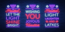 Happy Hanukkah, A Greeting Card Collection In A Neon Style. Vector Illustration. Neon Luminous Text On The Subject Of Chanukah. Bright Banner, Luminous Festive Sign. Jewish Holiday