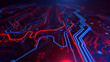 © Lev - Technology Terminal Background. Digital red blue backdrop. Printed circuit board. Technology wallpaper. 3D illustration. Circuit board futuristic server code processing.