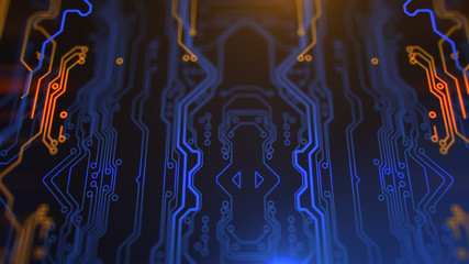 Technology Terminal Background. Orange, yellow, blue, background with digital integrated network technology. Printed circuit board. Circuit board futuristic server code processing. PCB, Code, HTML.