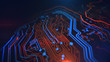 Orange Yellow and Blue Digital Hardware Technology. Computer background. PCB. Printed circuit board. Computer motherboard. 3d illustration.