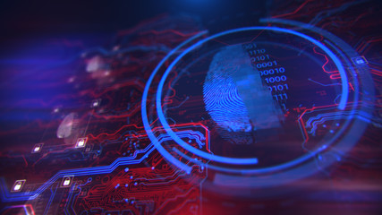 Cybersecurity and information technology. Blue, red background with digital integrated network technology. Printed circuit board. Technology background. 3D illustration.