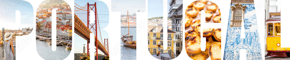Portugal letters filled with pictures of famous places and landmarks in Portugal - obrazy, fototapety, plakaty 