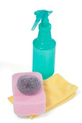 Wall Mural - Detergent spray bottle, scrubber, sponge pad and napkin cloth on