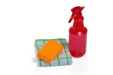 Wall Mural - Detergent spray bottle, wipe pad and napkin cloth on white