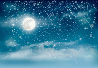 Wall Mural - Merry Christmas Holiday winter landscape background with snowflakes and moon. Vector