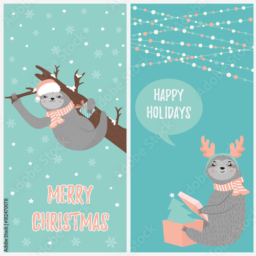 Fotomural Set of Christmas card with two funny sloths in winter clothes
