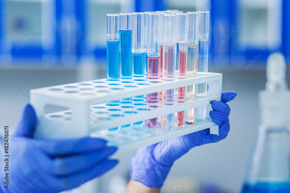 Professional laboratory. Selective focus of test tubes with chemical ...