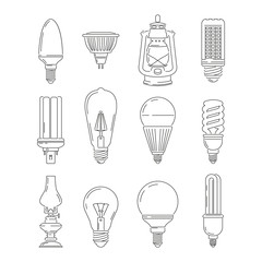 Wall Mural - symbols of light. different bulbs. mono line illustrations set