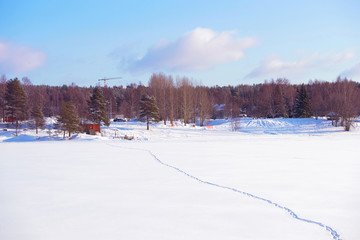 Poster - Frozen river with footprints on snow in winter Rovaniemi