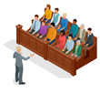 Isometric symbol of law and justice in the courtroom. Vector illustration judge bench defendant attorneys audience. Courtroom proceedings.