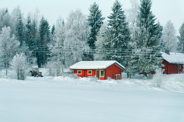 Poster - Cottage houses in winter countryside in Lapland