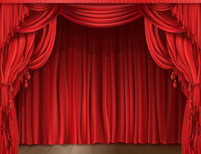Festival Night Show Poster. A Theater Stage With A Red Curtain And A Spotlight. Vector.