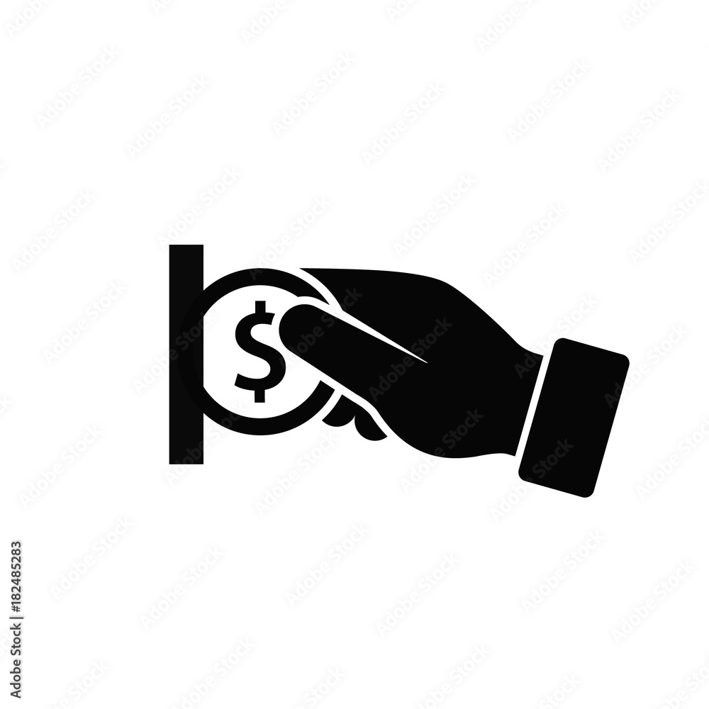 Insert coin icon, pay money flat silhouette. Hand hold coin. Vector