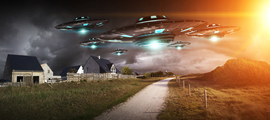 Poster - UFO invasion on planet earth landascape 3D rendering