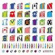 Jockey uniform. Traditional design. Jackets, silks, sleeves and hats. Horse riding. Horse racing. Icons set. Isolated on white. Vector illustration
