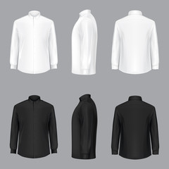 White and black male shirt with long sleeves and buttons in front, back and side view, isolated on a gray background. 3D realistic vector illustration, template formal or casual shirt