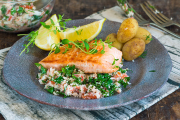 Canvas Print - Salmon fillet with crab salsa