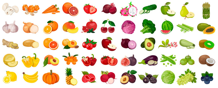 Set of berries and fruits, vegetables on a white background. Vector icon