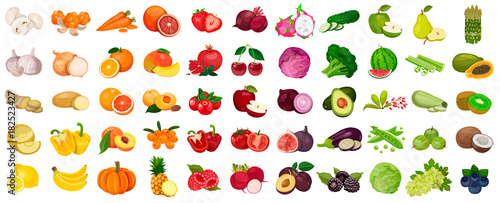 Cuadros en Lienzo Set of berries and fruits, vegetables on a white background