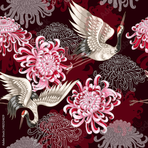Fotografía Seamless pattern with Japanese white cranes and chrysanthemums on a claret backg