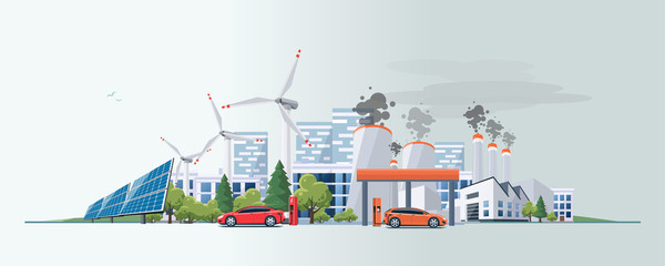 Wall Mural - Vector illustration of renewable electric vs. fossil pollution power electricity resource. Electric car charging at  charger station with solar panels and wind turbines and fossil car refueling petrol