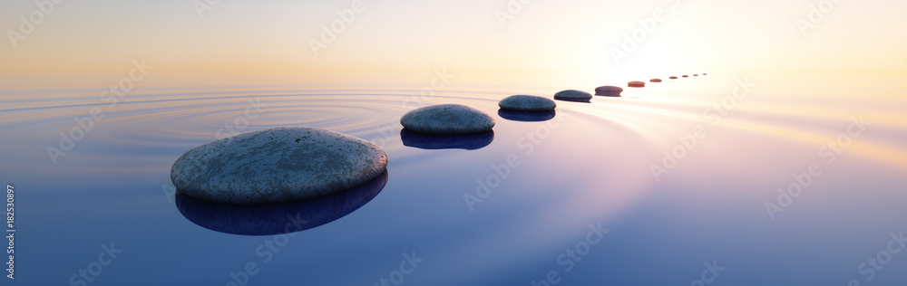 Steine im See bei Sonnenaufgang Querformat 3:1 - obrazy, fototapety, plakaty 