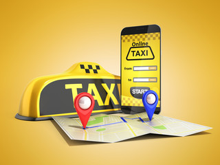 Ordering a taxi cab online internet service transportation concept navigation pin pointer with checker pattern and yellow taxi and phone 3d render on color background