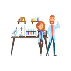 Sticker - Flat vector of man scientist and girl assistant in laboratory. Microscope, test tubes, spirit lamp and laptop on working desk, books and glassware with liquids on shelves.