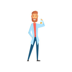 Poster - Flat vector of young scientist holding flask with liquid in hand. Cartoon bearded man character in white medical coat