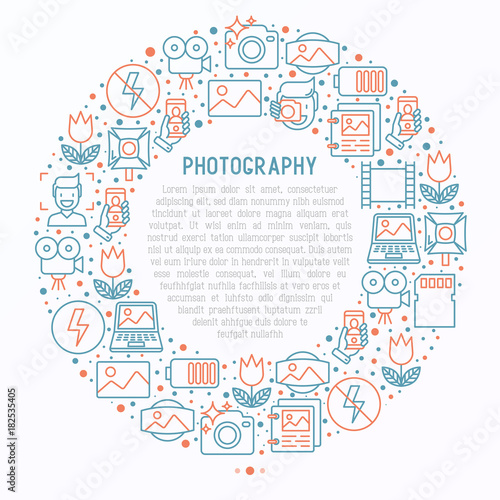 Photography Concept In Circle With Thin Line Icons Of Photographer