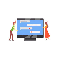 Poster - Online dating service or website concept with people talking in chat. Man and woman standing near computer screen. Vector in flat style.