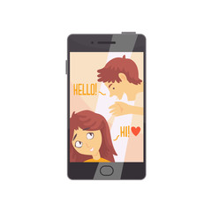 Sticker - Smartphone with opened love chat and cute boy and girl avatars. Online dating service flat vector illustration isolated on white.