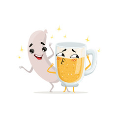 Wall Mural - Grilled sausage and mug of beer with happy faces. Cartoon funny characters. Food and drink in flat style