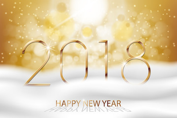 Vector Happy New Year 2018 - New Year Colorful Winter background with gold text. Greetings New Year banner with snow and bokeh. Vector