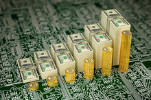 Bitcoin Value Soars - Bitcoins And Dollars Bills Stacked As Charts - 3D Rendering
