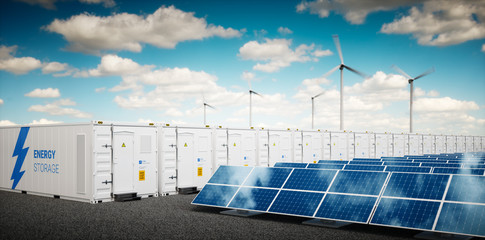 concept of energy storage system. renewable energy power plants - photovoltaics, wind turbine farm a