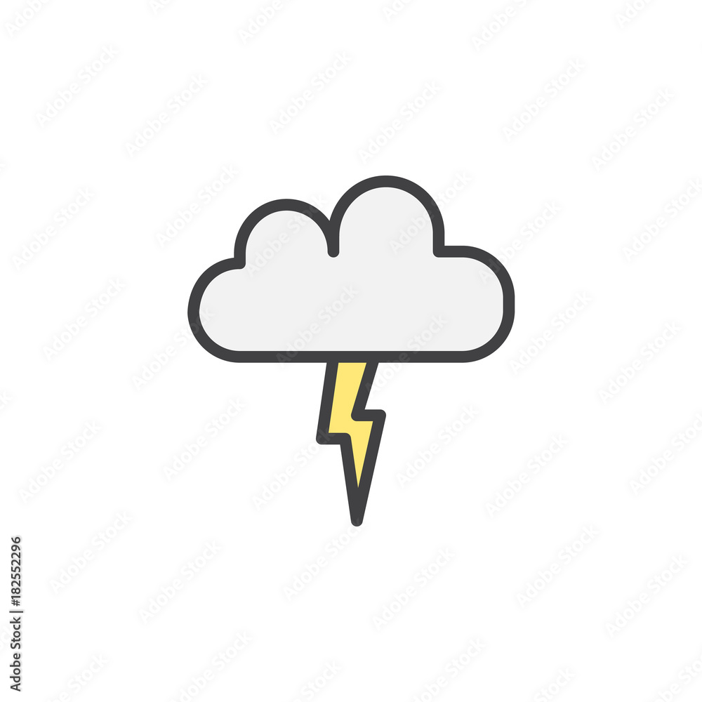 Lightning, thunderstorm cloud filled outline icon, line vector sign ...