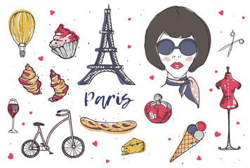 Collection of Paris and France elements - fashionable Parisian woman, perfume, french cheese, baguette, Eiffel Tower, glass of red wine hand drawn in doodle style and isolated on white background.