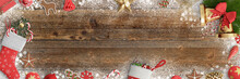 Christmas Background With Decoration And Snow On A Wooden Board 