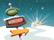 Retro Sign Pointing To Santa's Workshop At The North Pole. With Copy Space. EPS 10 Vector Illustration.
