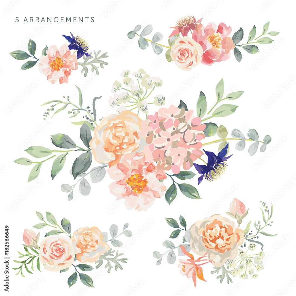 Set of the floral arrangements. Pink roses and peonies with leaves. Vector illustration. Romantic garden flowers.
 - obrazy, fototapety, plakaty 