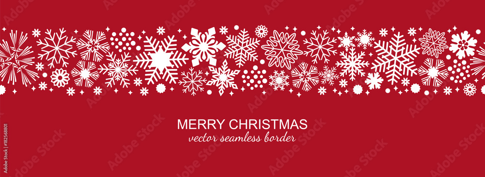 White and red seamless snowflake border, Christmas design for greeting card. Vector illustration, merry xmas snow flake header or banner, wallpaper or backdrop decor - obrazy, fototapety, plakaty 