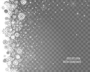 Falling snow border on a transparent background. Abstract snow background for your Merry Christmas and Happy New Year design. Vector illustration